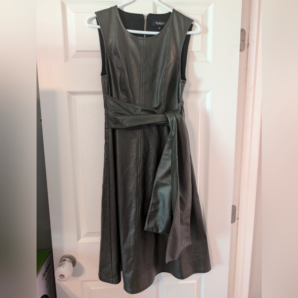 Faux Leather dress size 36 deep green color with attached tie belt NWT